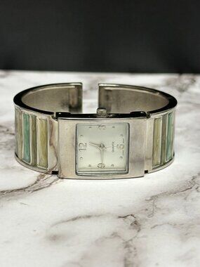 Womens Watch Silver Tone Green Enamel Striped Cuff Band New Battery 6.75 Inch